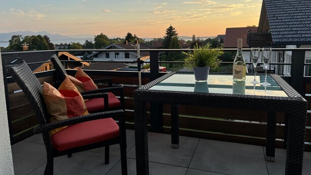 Une terrasse sur le toit avec une table en verre, des chaises en osier et un pot de fleurs.
