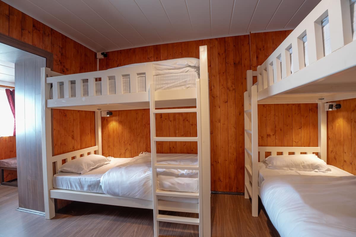 Une chambre avec un lit superposé, des murs en bois et une échelle.