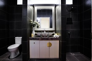 Une salle de bain moderne avec des toilettes, un lavabo et un miroir.
