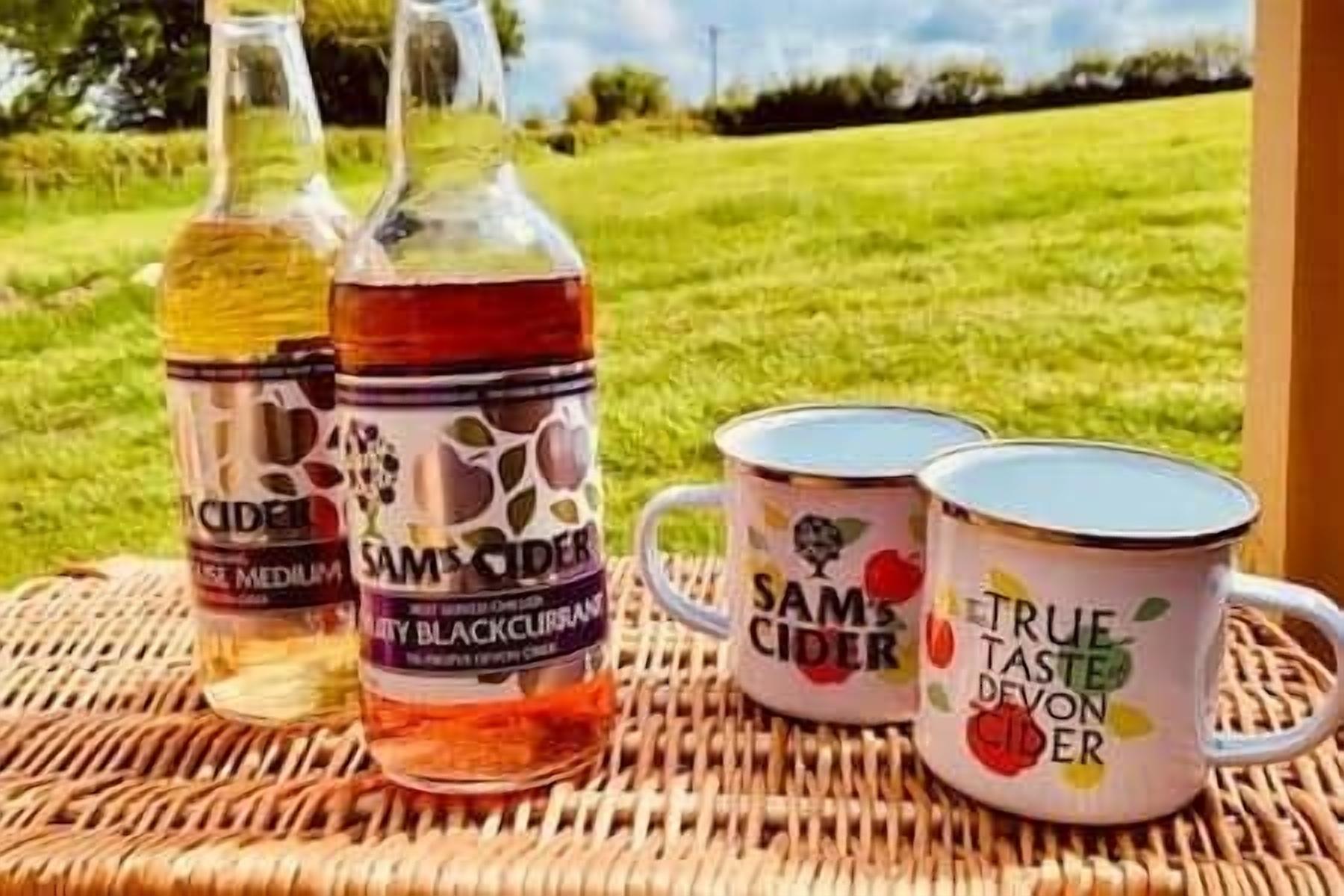 Two bottles of cider and two mugs on a woven surface with a grassy field in the background.