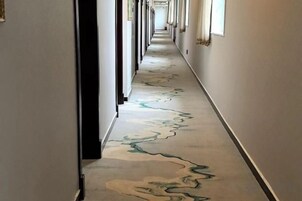 Un pasillo con alfombra estampada y puertas a ambos lados.