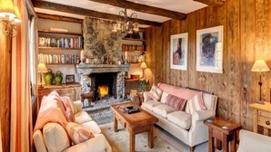 Una sala de estar acogedora con chimenea, estanterías y asientos cómodos.