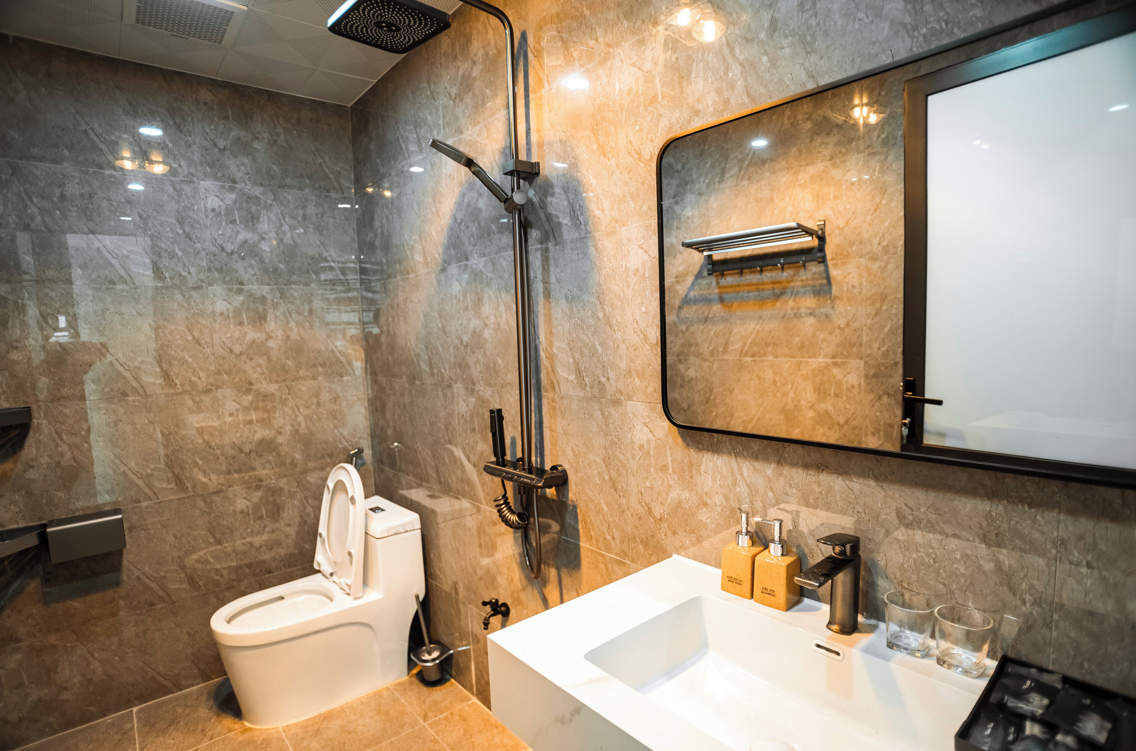Shower, rainfall showerhead, hair dryer, slippers