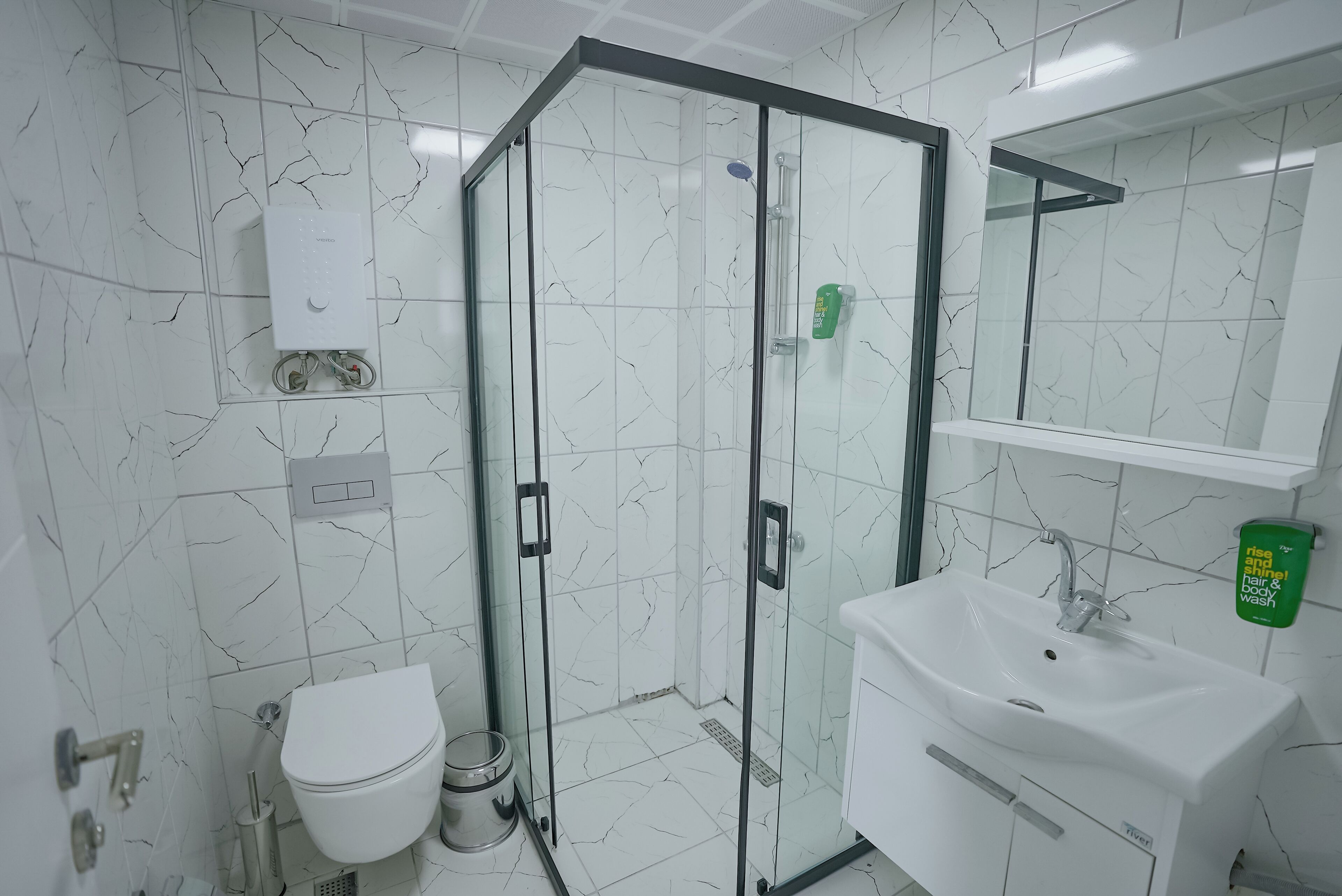 A modern bathroom with a glass-enclosed shower, a white toilet, and a sink with a mirror above it.