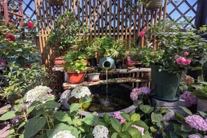 A garden with a variety of potted plants and a small fountain. - Junan Gloria Plaza Hotel (Chengde County)