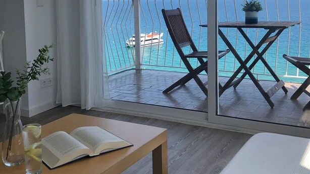 A balcony with a view of the sea, a chair, a small table with a plant, and a book on a table.