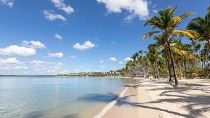 Una playa con aguas azul cristalino, arena blanca y palmeras.