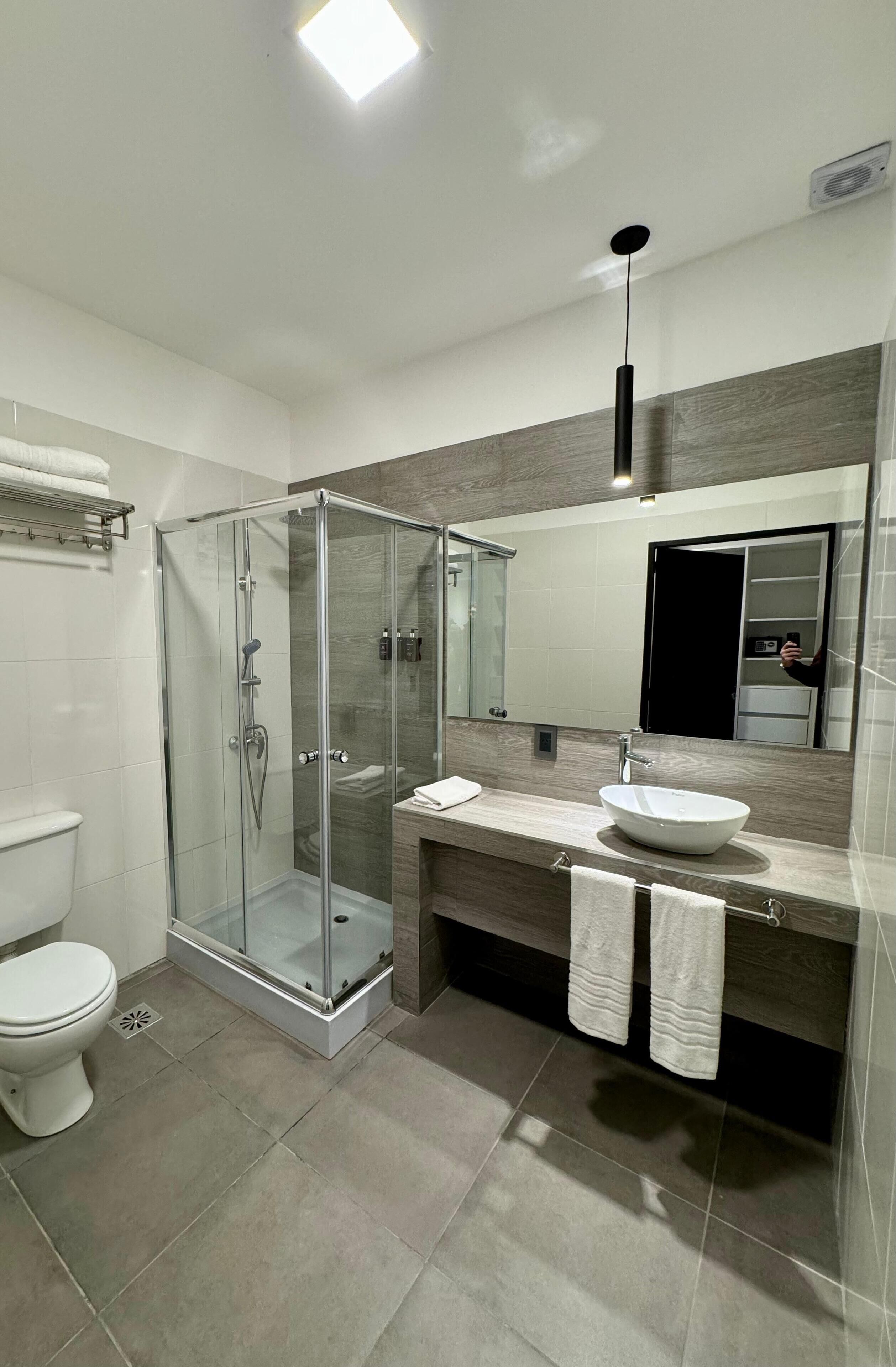 A modern bathroom with a glass-enclosed shower, a white sink, and a large mirror.