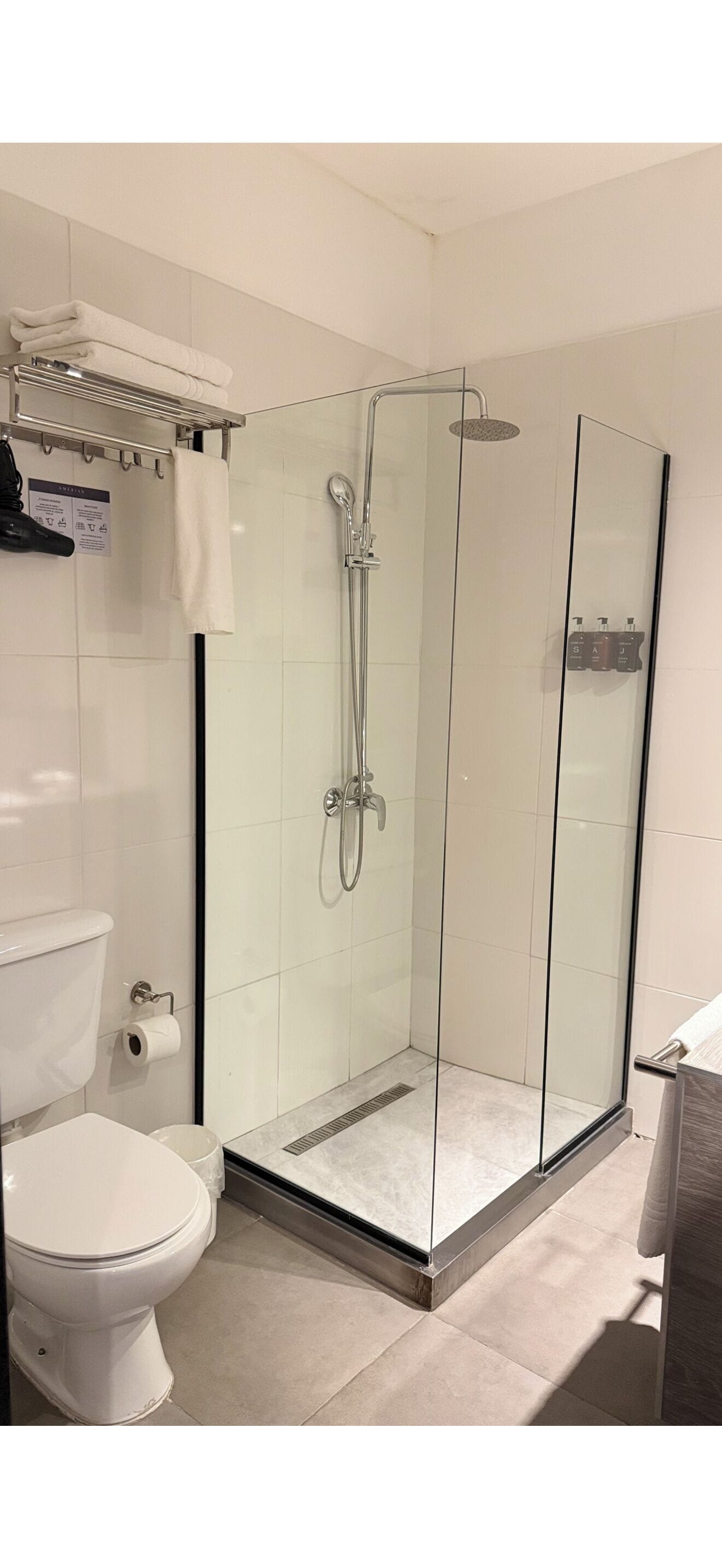 A modern bathroom with a glass-enclosed shower, a toilet, and a towel rack.