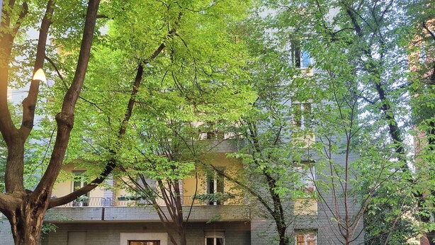 A residential building with a front door, a small garden area, and parked cars. - Domus Ballà Tonale Camera 1 (Verona)