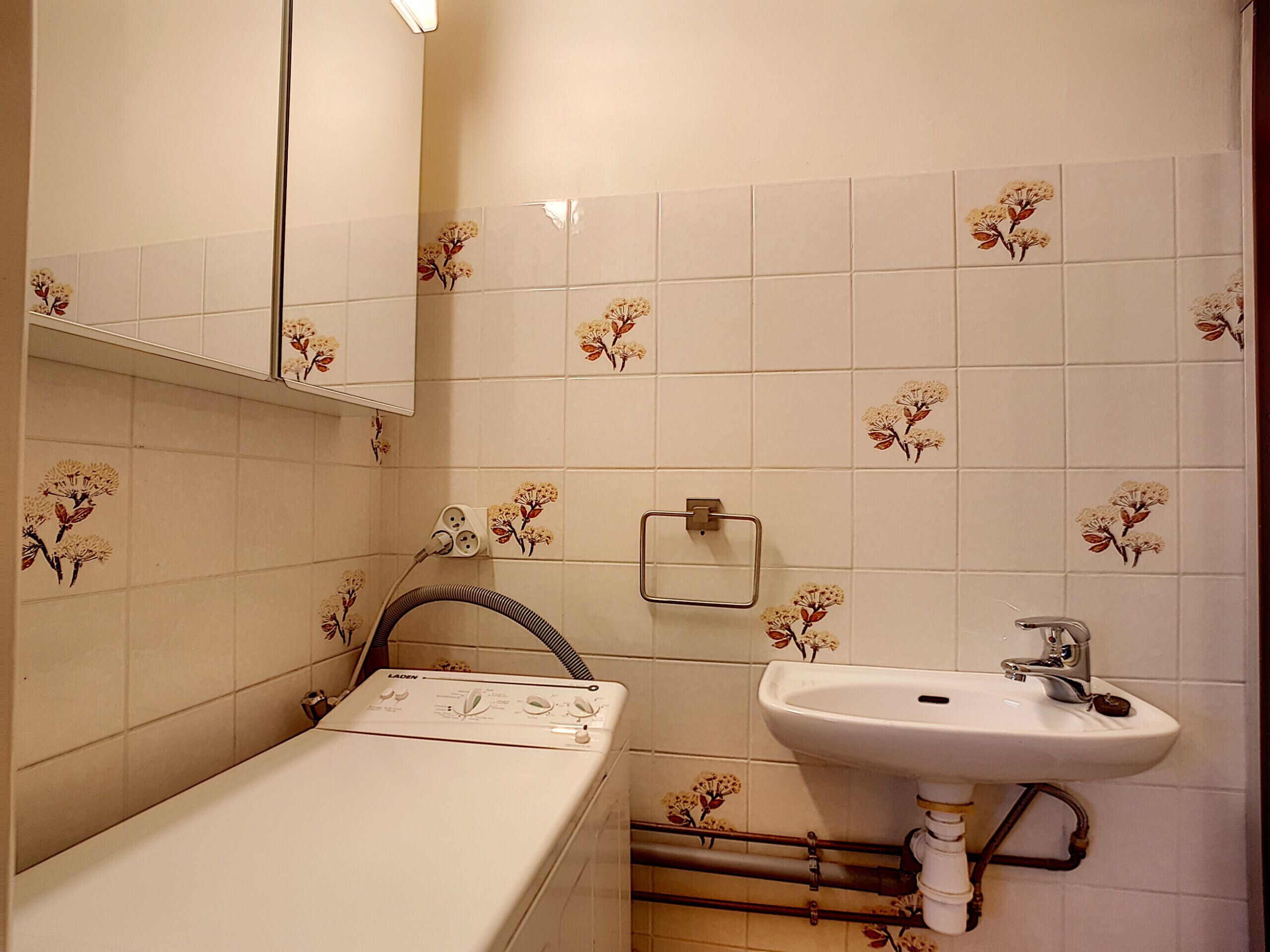 A bathroom with a washing machine, a sink, and floral-patterned tiles.