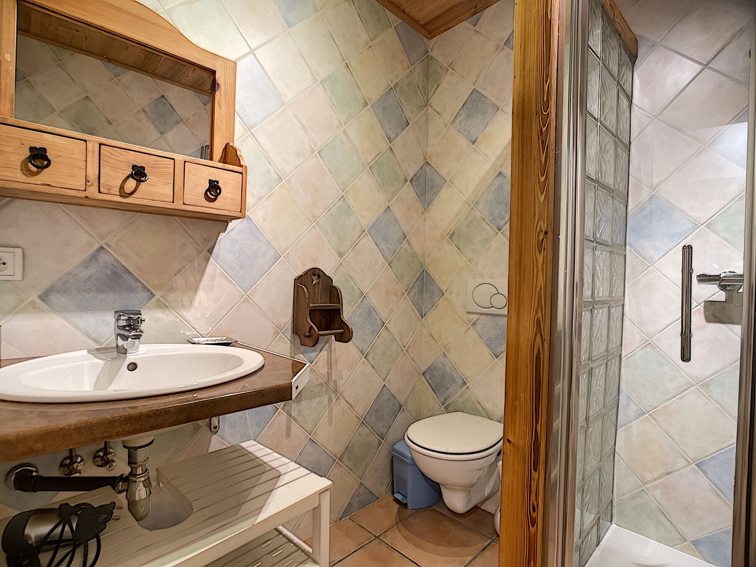 A bathroom with a wooden vanity, a toilet, and a shower area.