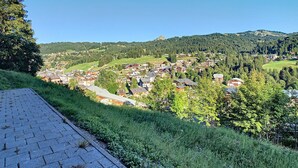 Un pueblo en la ladera de una colina con edificios, un camino empedrado y vegetación circundante.