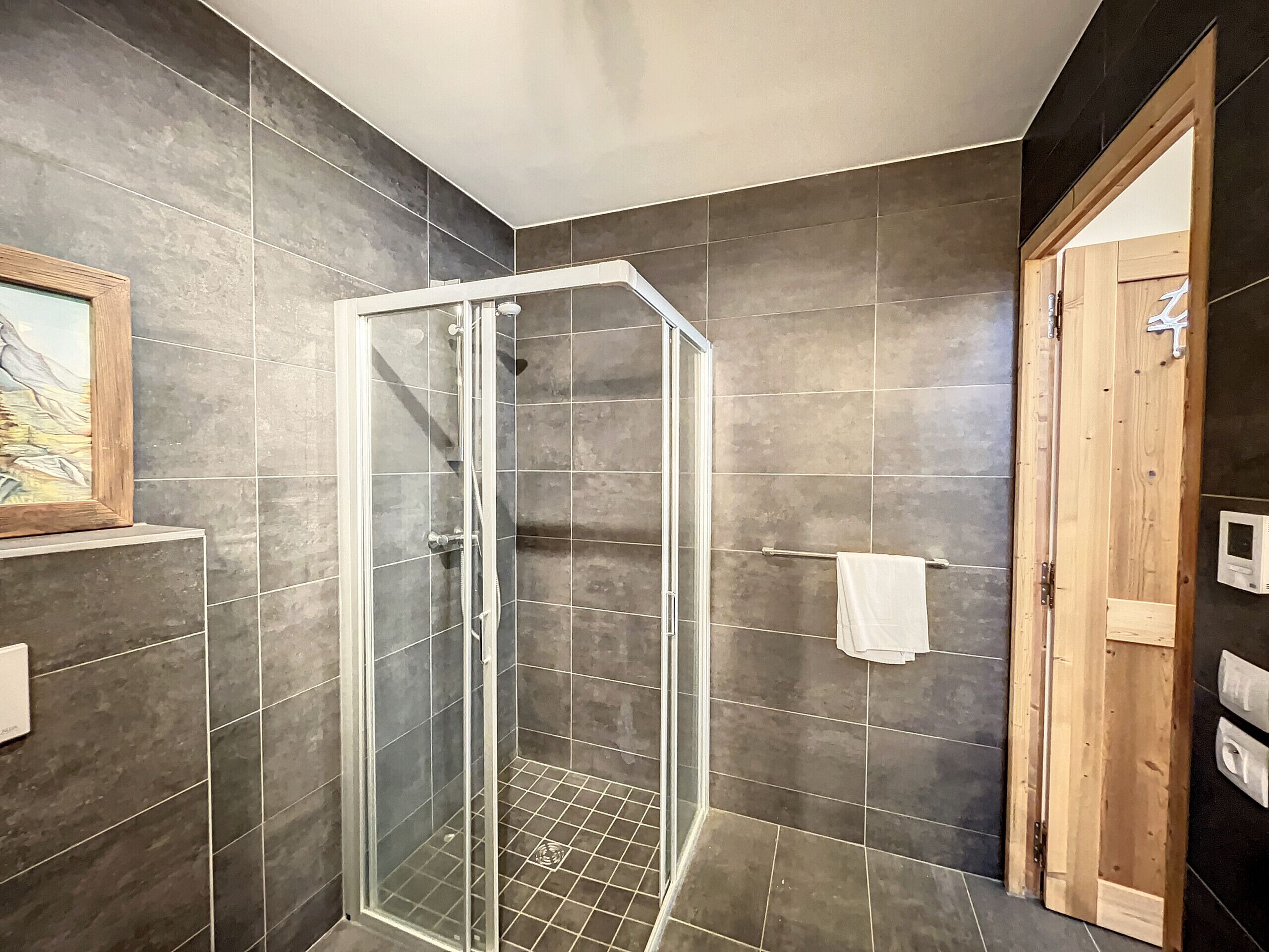 Un baño moderno con baldosas oscuras, cabina de ducha de vidrio, puerta de madera y un perchero.