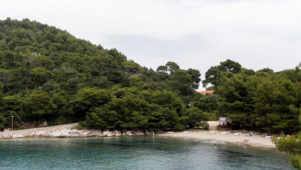 Une zone côtière comprenant une plage, une petite construction en bois et des collines densément boisées.