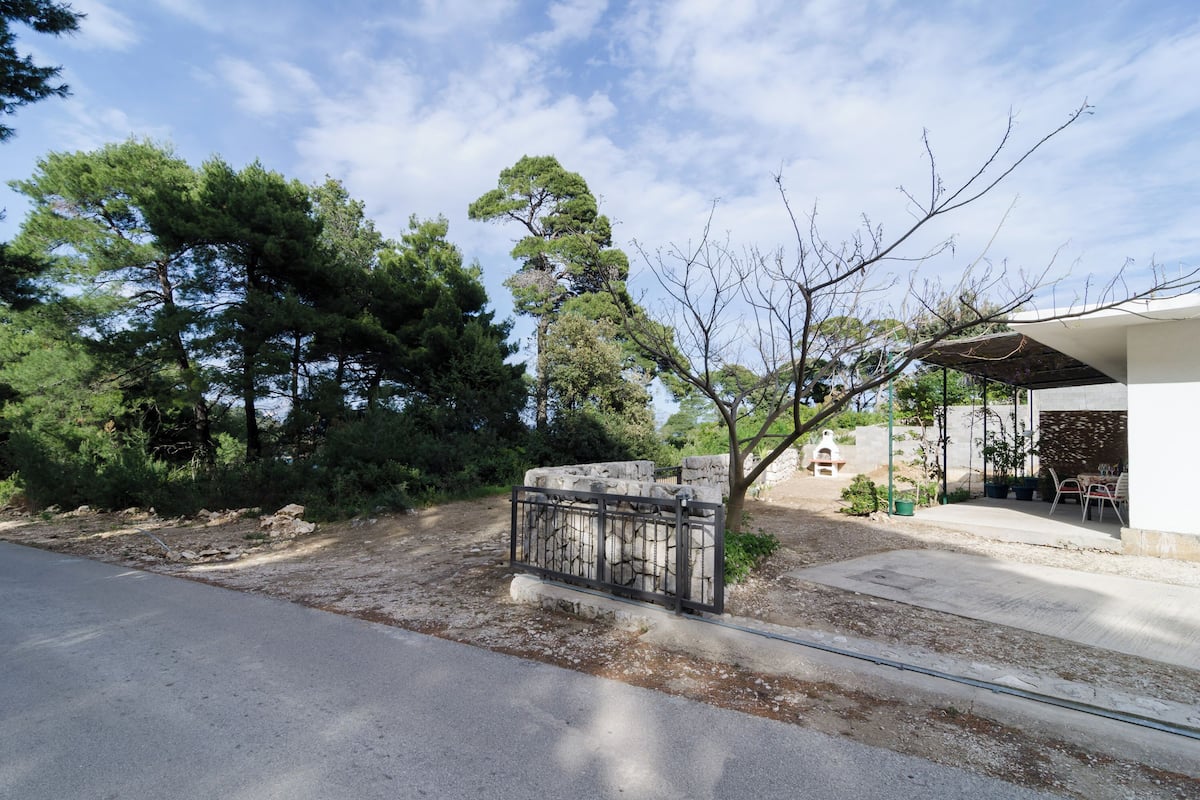 A paved driveway leading to a building with a stone wall and a metal gate.
