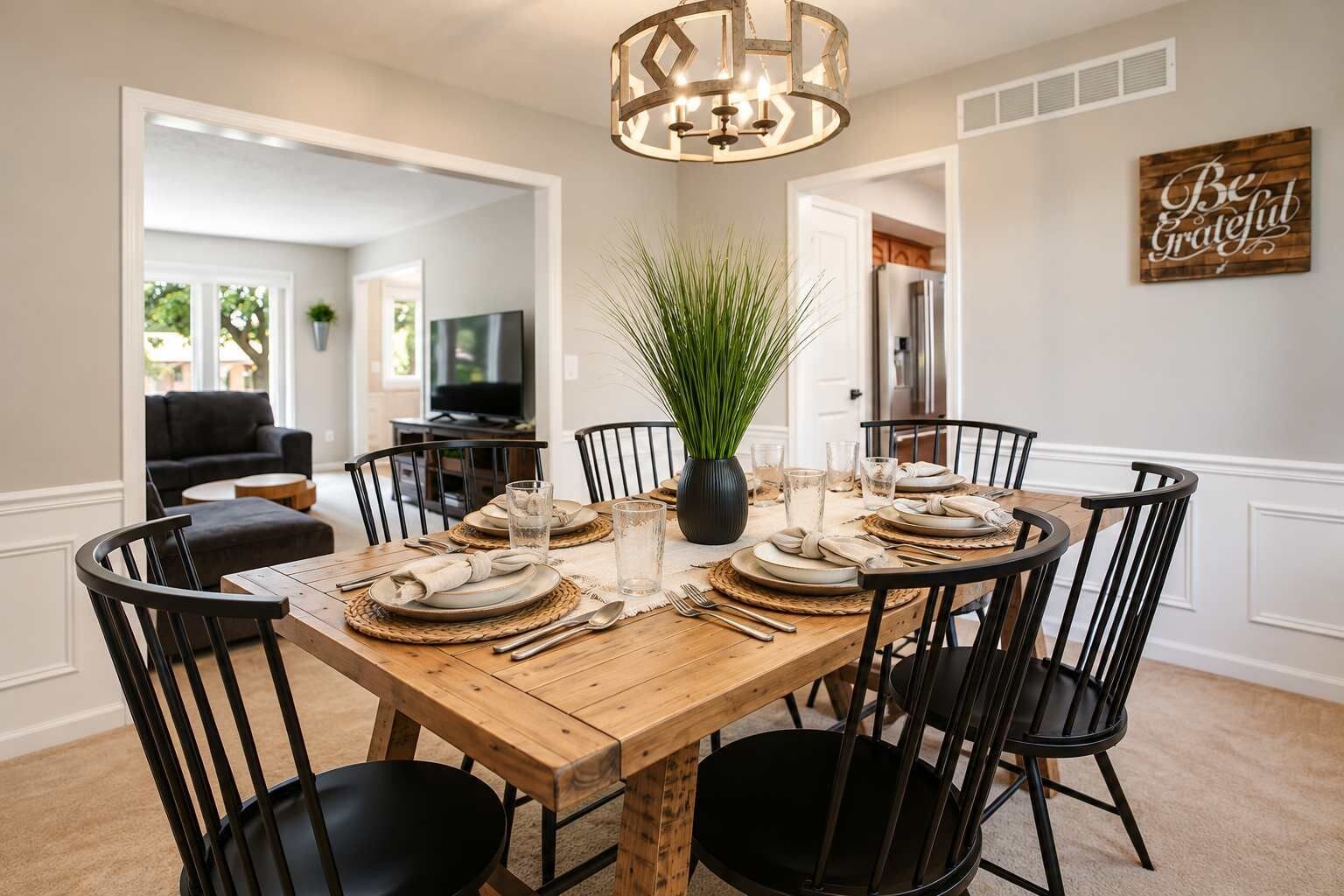 Une salle à manger avec une table en bois dressée pour six personnes, entourée de chaises noires, d’une plante en pot et d’un lustre.
