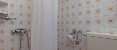 Un baño con ducha, inodoro y bañera.