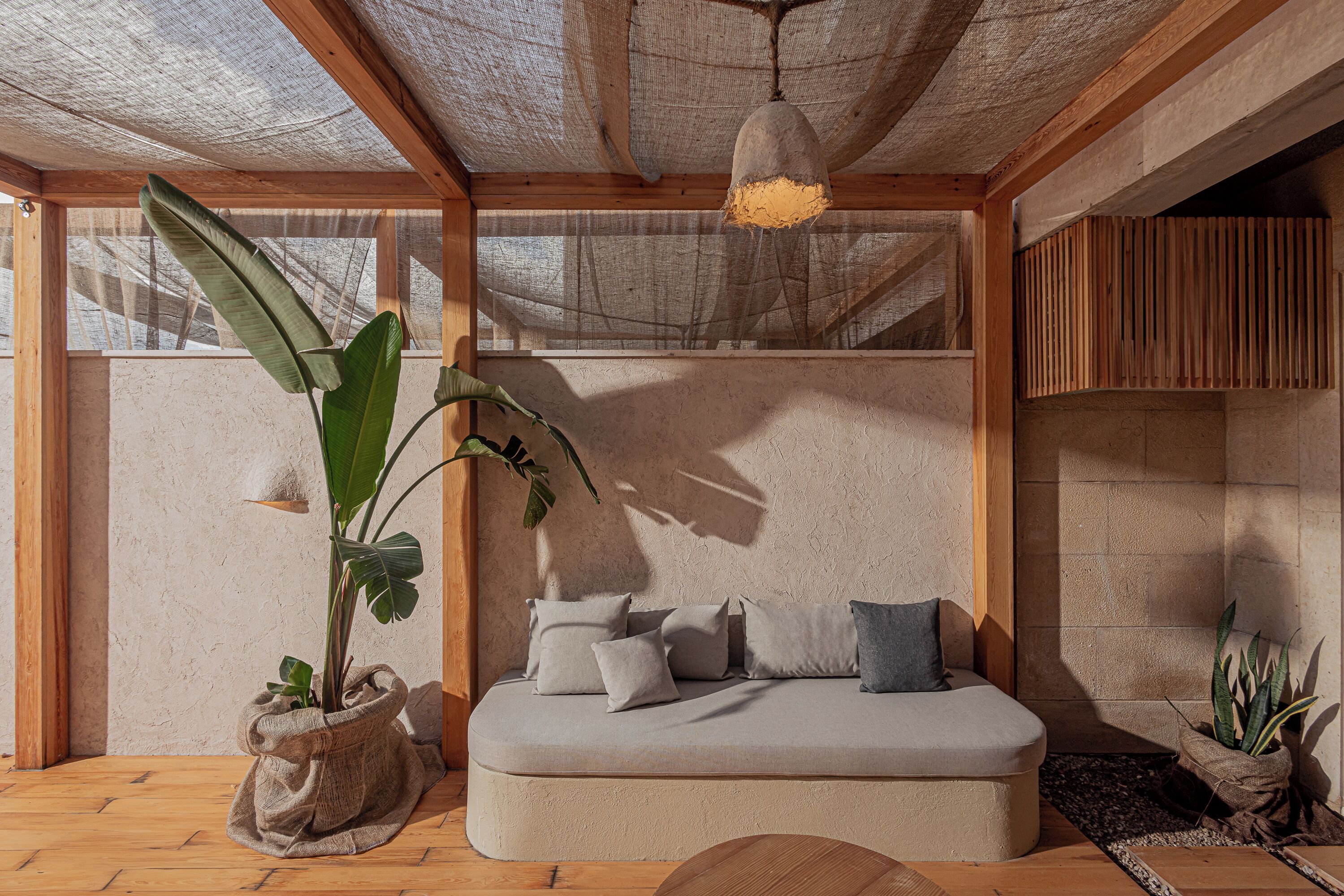 Una habitación acogedora con una zona de estar con cojines, una lámpara colgante y una planta grande.