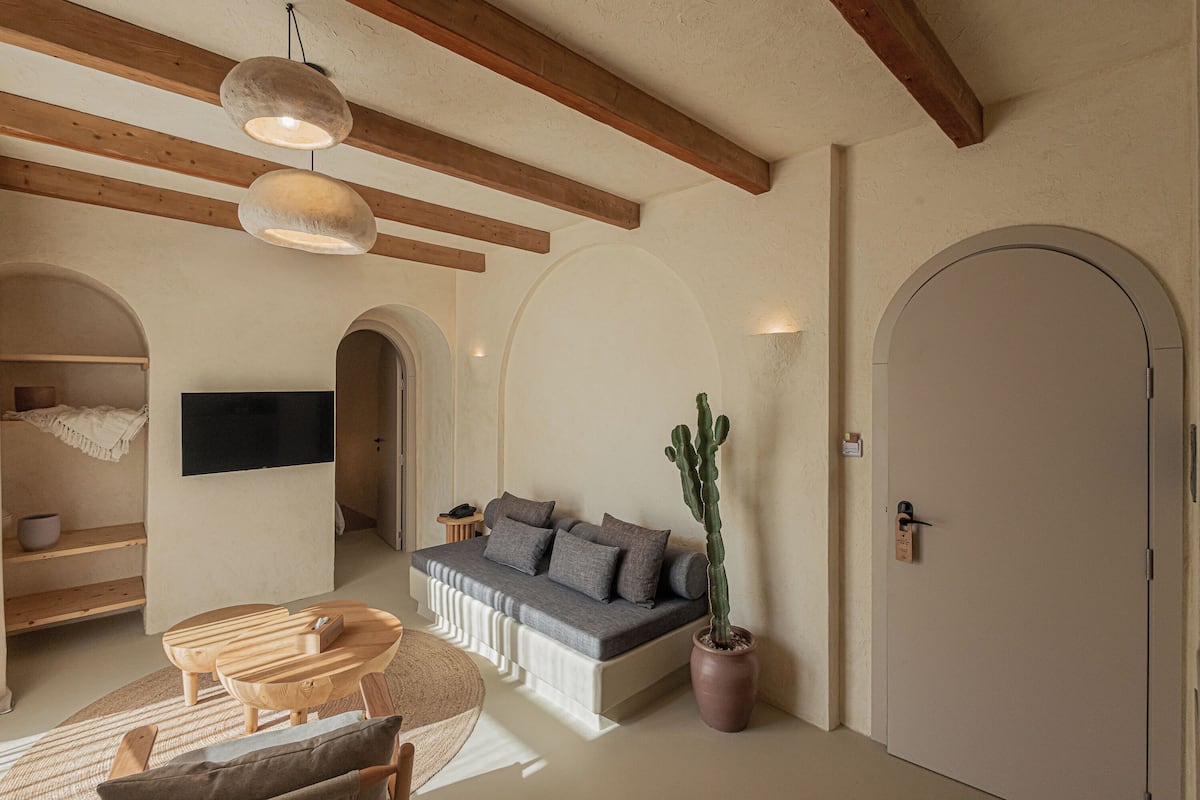 A cozy living room with a sofa, wooden coffee table, and a cactus plant.
