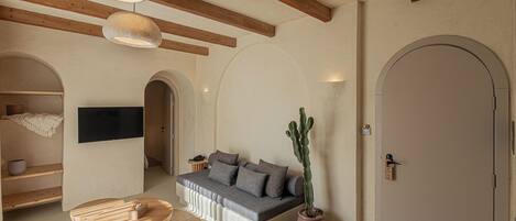 A cozy living room with a sofa, wooden coffee table, and a cactus plant.