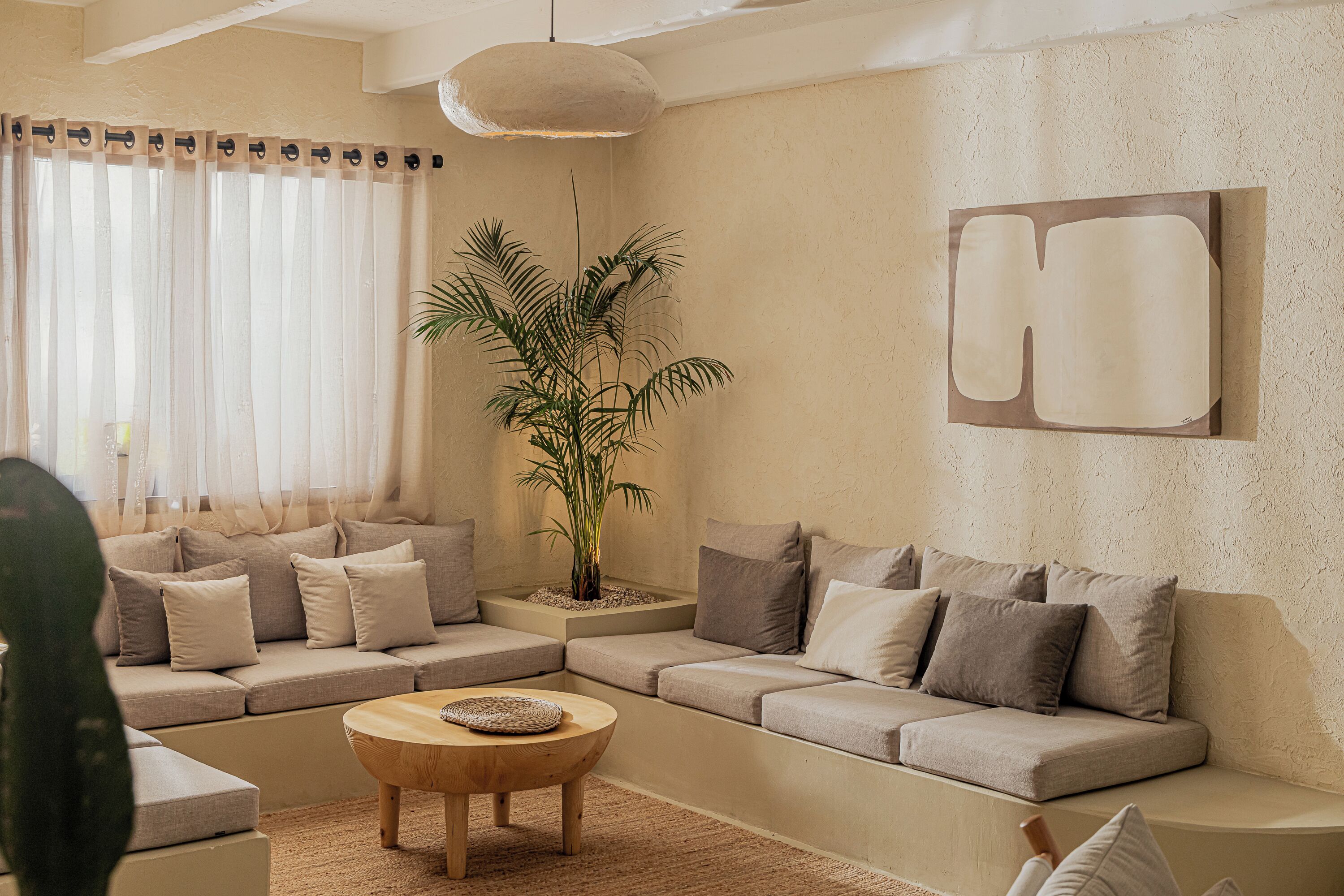 Ein modernes Wohnzimmer mit einem Ecksofa, einem runden Couchtisch und einer Zimmerpflanze.