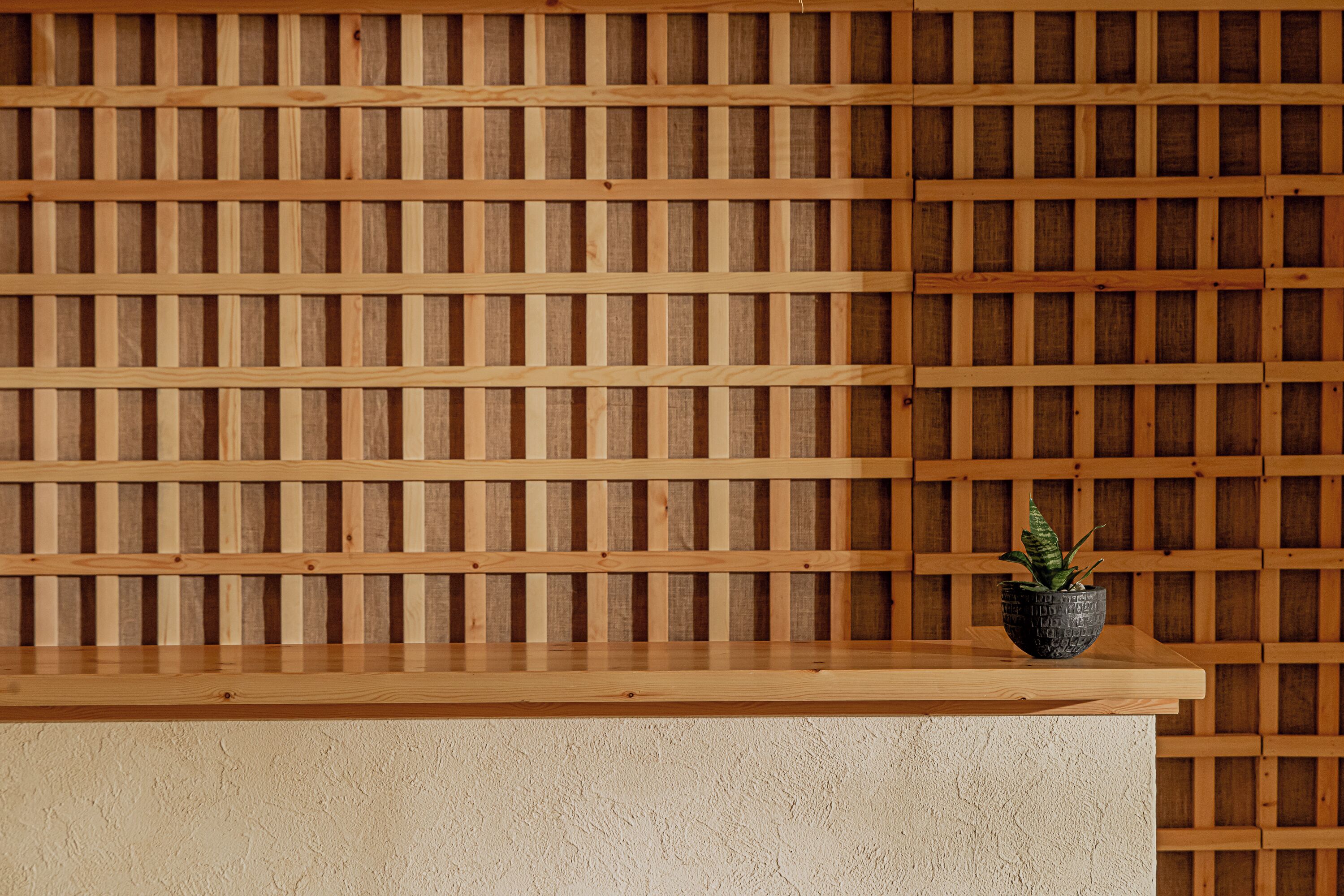 A wooden reception desk with a potted plant.