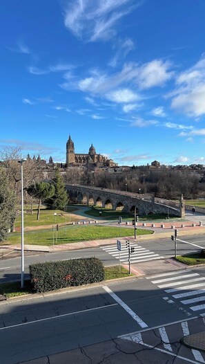 A historic building with a dome and spires, a stone bridge, and a pedestrian crossing. - 2 Standard con Patio. Apartamento nuevo con las mejores vistas de Salamanca (Salamanca)