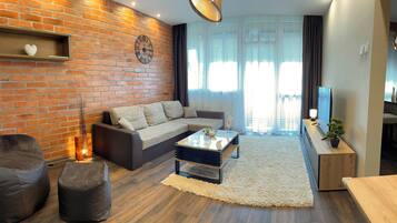 Älytelevisio, takka, kirjoja, videokirjasto