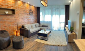 Smart TV, fireplace, books, video library