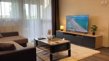 Smart TV, chimenea, libros y videoteca
