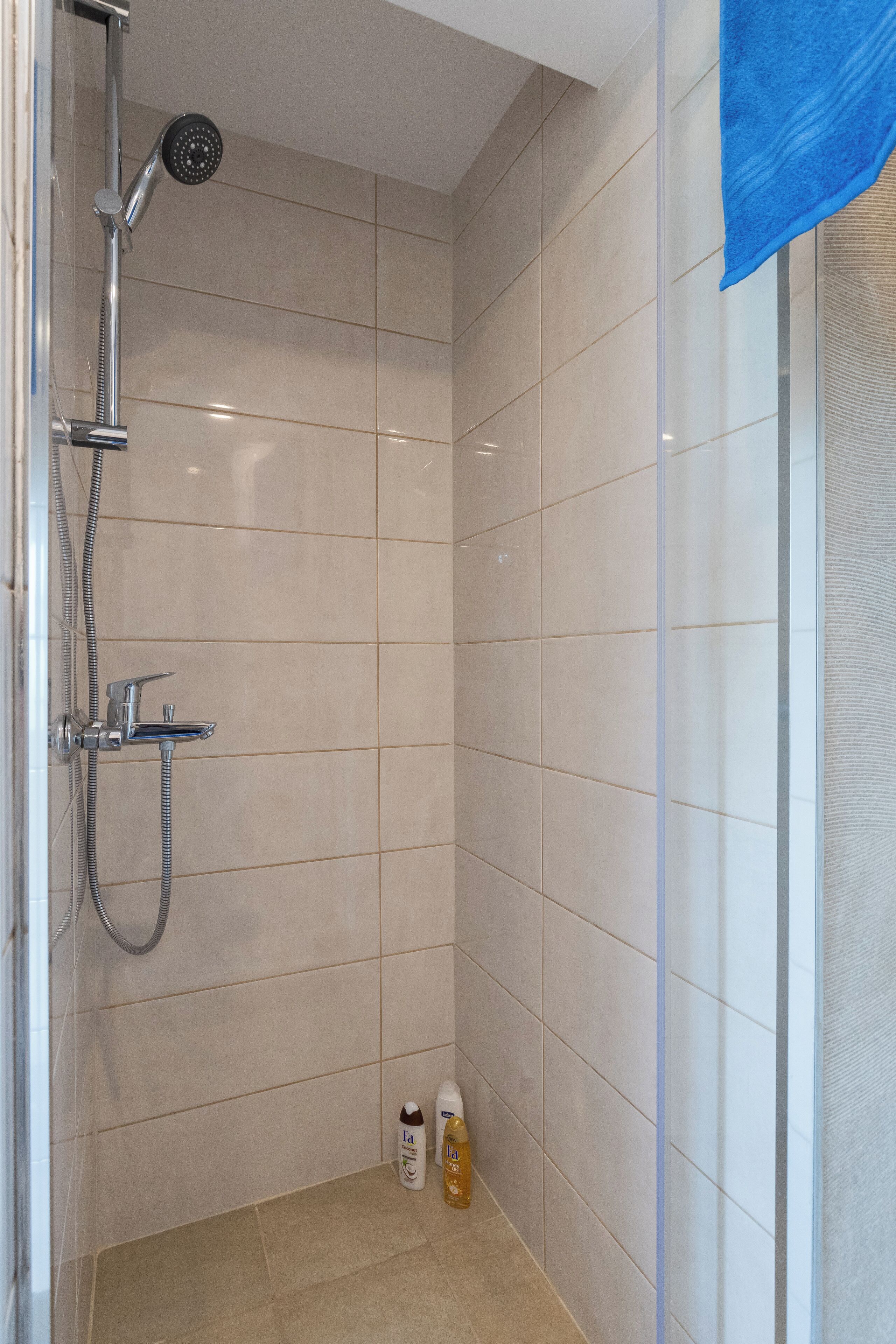 A shower with a handheld showerhead, a wall-mounted faucet, and a handheld showerhead. There are two bottles on the floor.