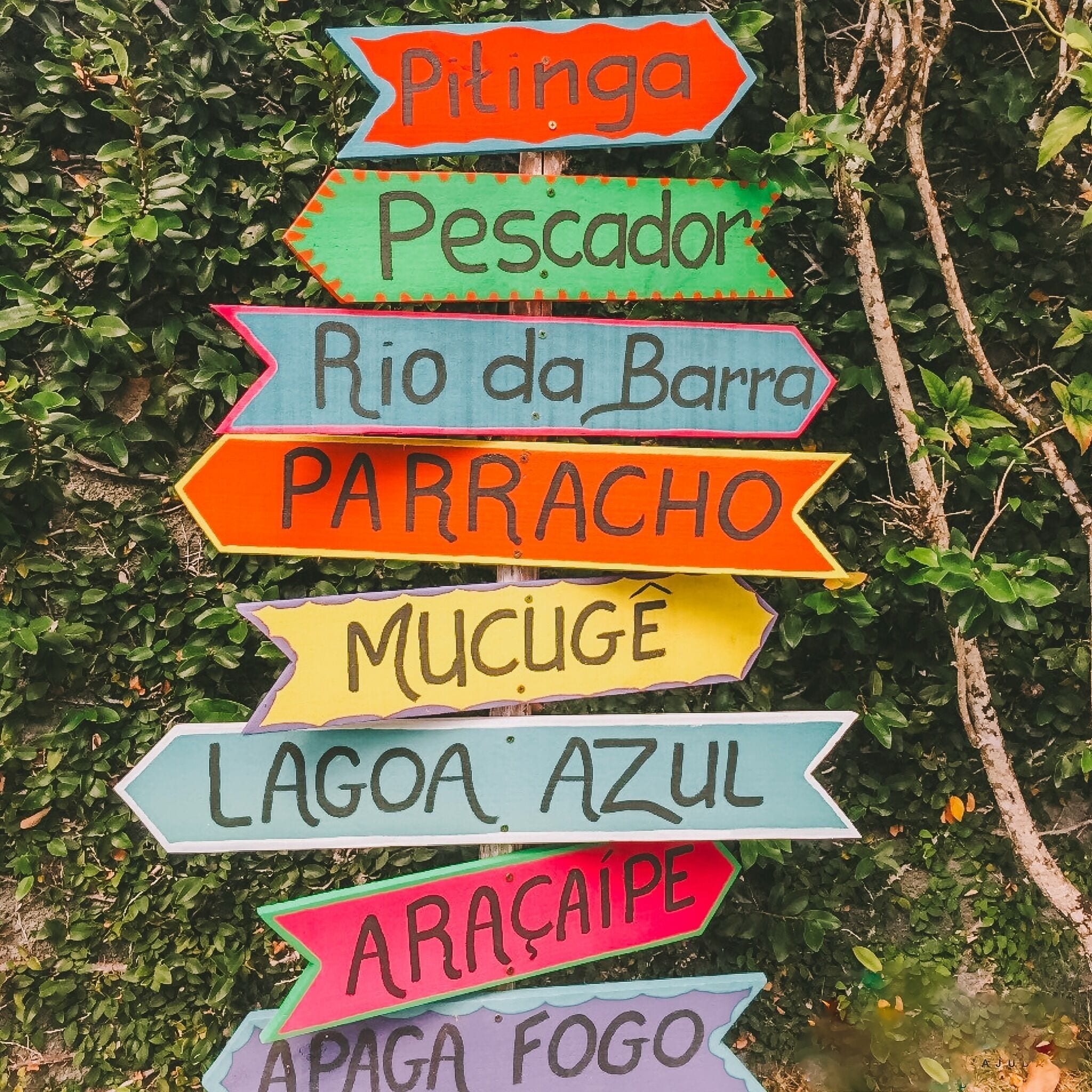 A colorful signpost with multiple directional arrows, each labeled with a different destination name.