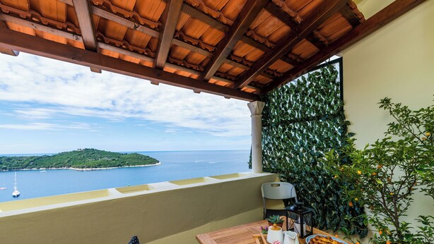 Una mesa de madera con vista al mar, una planta en maceta y un farol.