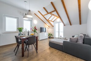 Apartamento (Comfort One Bedroom Apartment with Ba) | Sala de estar | TV de tela plana 32 polegadas com canais a cabo