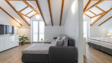 Apartamento (Comfort One Bedroom Apartment with Ba) | Sala de estar | TV de tela plana 32 polegadas com canais a cabo