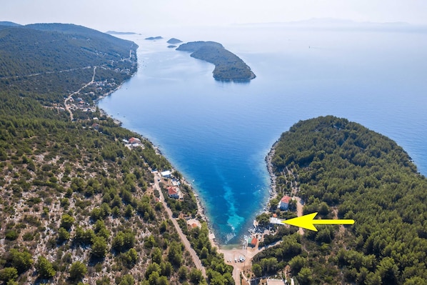 Luftaufnahme einer Küstenregion mit einer kleinen Insel, die mit einem gelben Pfeil gekennzeichnet ist.