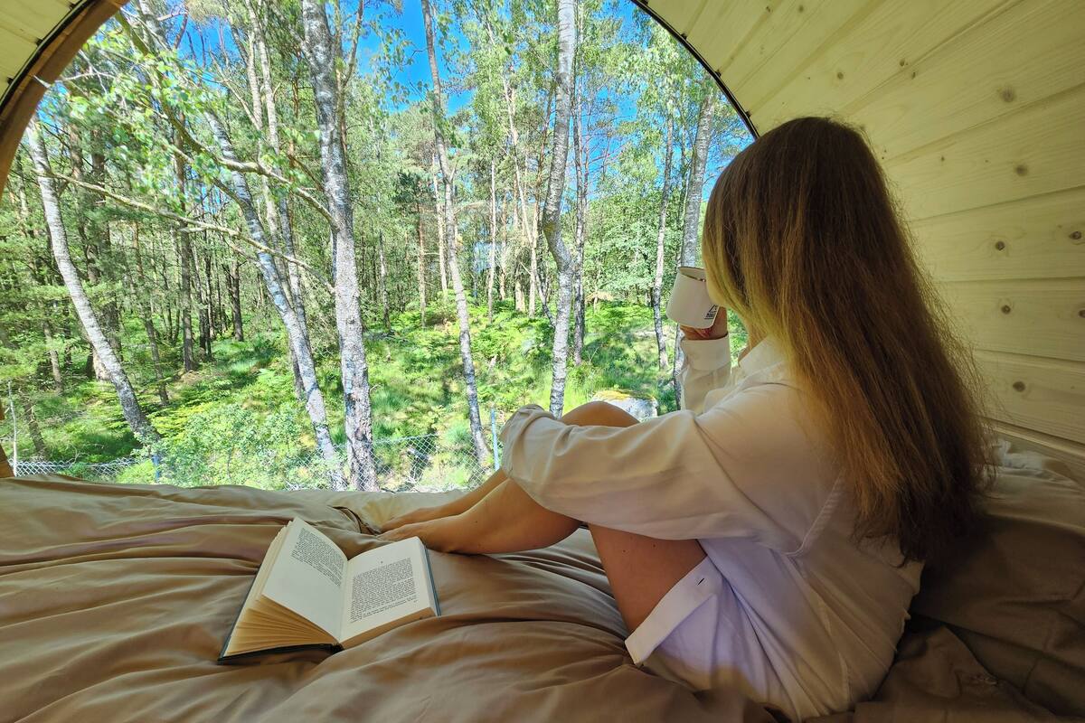 A person sitting on a bed in a tent-like room, reading a book, with a view of a forest through a circular window.