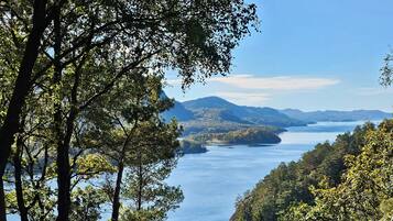 Un paisaje natural con un lago, árboles y montañas a lo lejos.