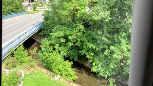 A view from a window with a view of a bridge, greenery, and a building in the distance. - The modern, newly renovated  90-square-meter apartment is waiting for you (Friedrichshafen)