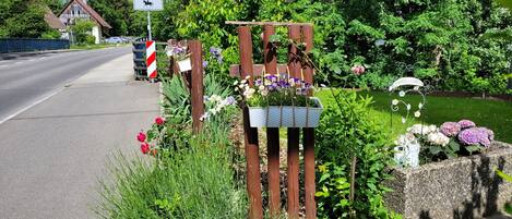 A rural road with a wooden gate, a welcome sign, and a mailbox.