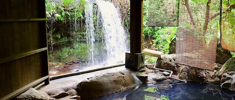 Separate tub and shower, spring water tub, free toiletries, hair dryer