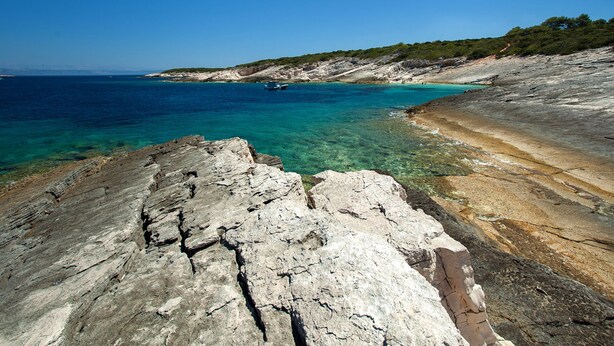 A rocky coastline with clear turquoise waters and a distant view of a mountainous landscape. - Seaside Apartment Franica (Vela Luka)