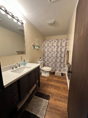 A bathroom with a white sink, dark wooden cabinets, a mirror with lights, a toilet, and a shower curtain with a floral pattern.