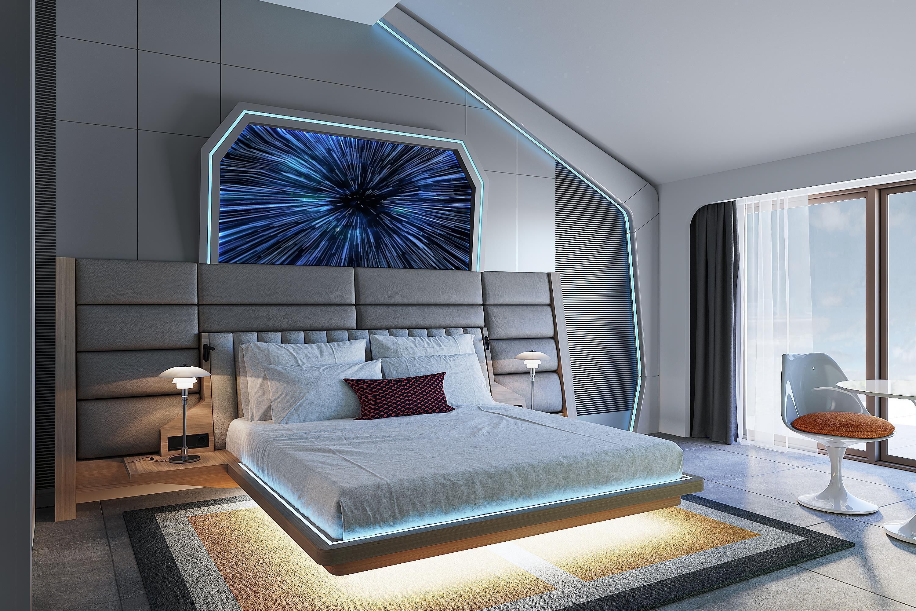 A modern bedroom with a large bed, a wall-mounted digital display, and a view of the sky through a window.