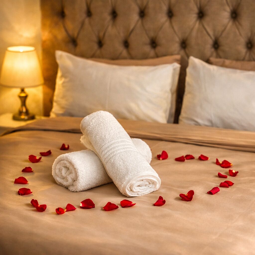 A neatly made bed with rolled white towels and red rose petals arranged in a heart shape.