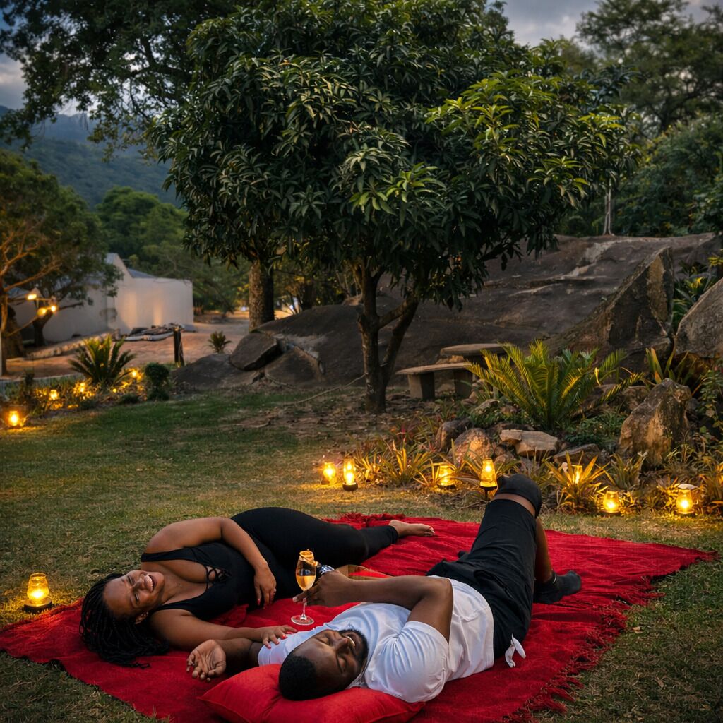 Una pareja relajándose sobre una manta roja al aire libre, con vistas a un paisaje natural y un edificio blanco al fondo.