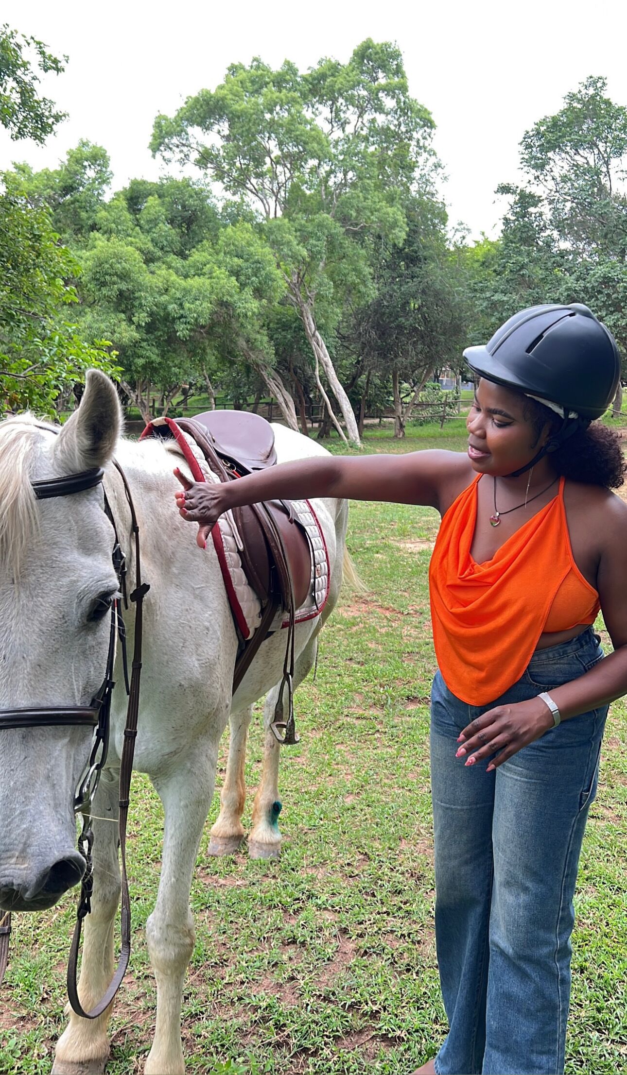 A person in an orange top and helmet interacting with a white horse in an outdoor setting with trees.