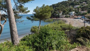 Paesaggio costiero con spiaggia, alberi e edifici su una collina.