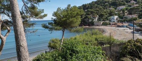 A coastal view with a beach, trees, and buildings on a hillside.